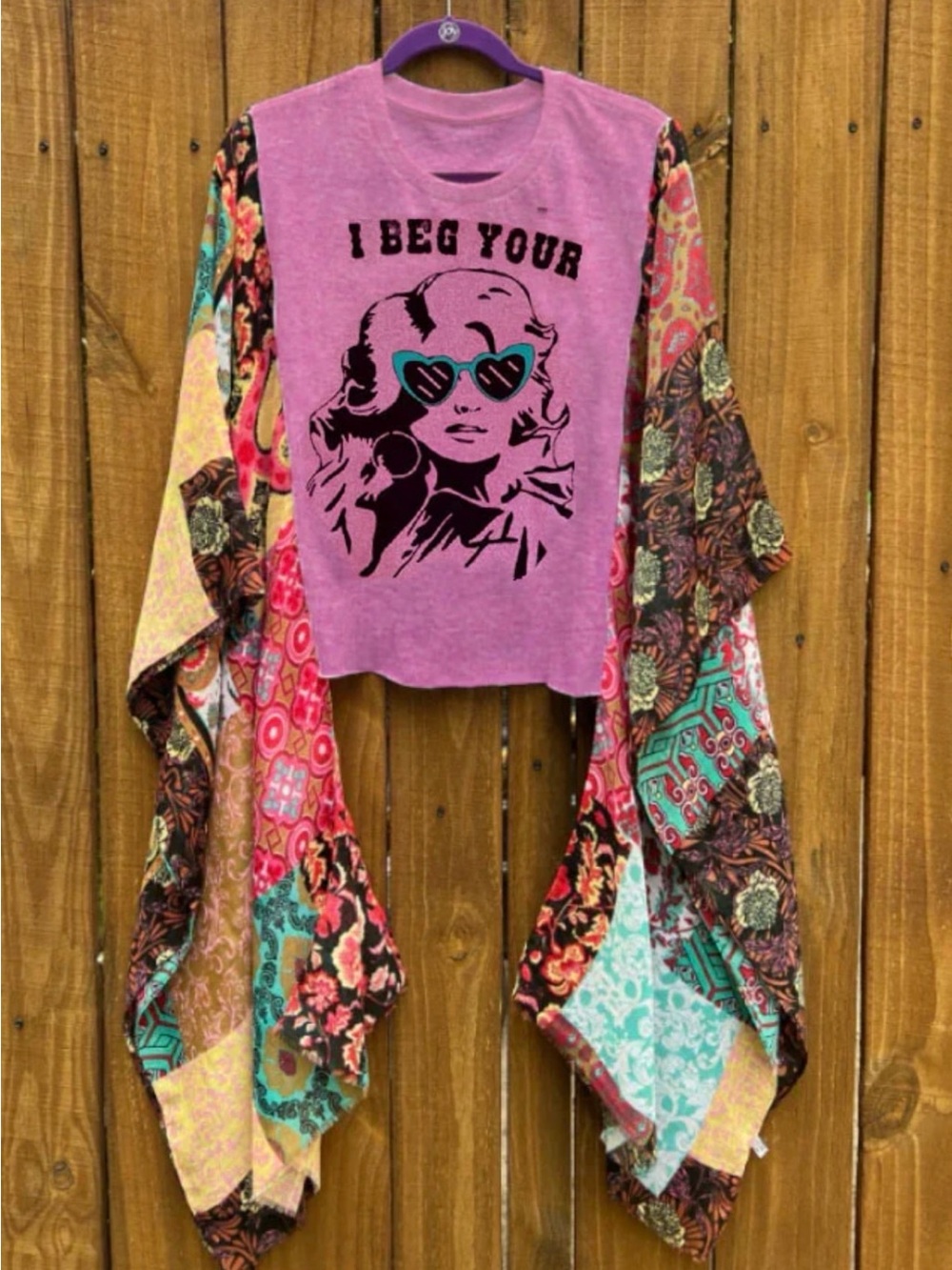 WOMEN' Purple Graphic Top with Multi-Color Patchwork Sleeves OS fits most unique